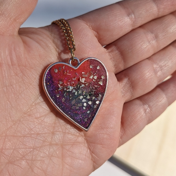 Heart Necklace Handmade Sparkly Gift Glass Glitter Resin Art Purple Gold - Picture 3 of 9